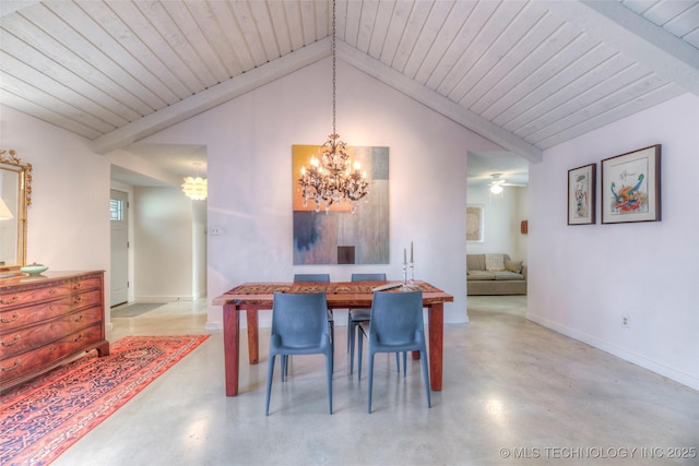 dining space with wooden ceiling, baseboards, ceiling fan with notable chandelier, and vaulted ceiling with beams