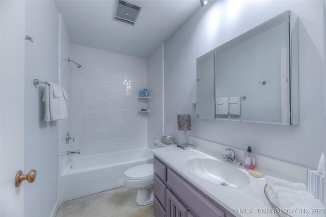full bathroom with toilet, visible vents, shower / bathing tub combination, and vanity