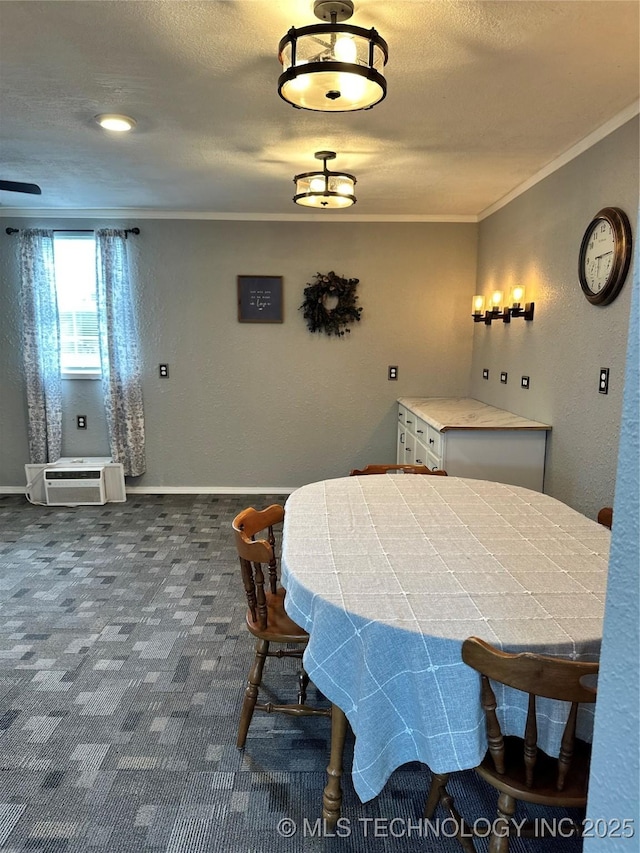 8815 Ashcroft Rd, Mounds, OK 74047 - dining area with dark carpet, a textured ceiling, ornamental molding, and a textured wall
