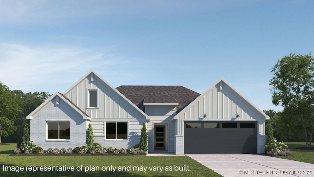 modern inspired farmhouse with board and batten siding, driveway, brick siding, an attached garage, and a front lawn
