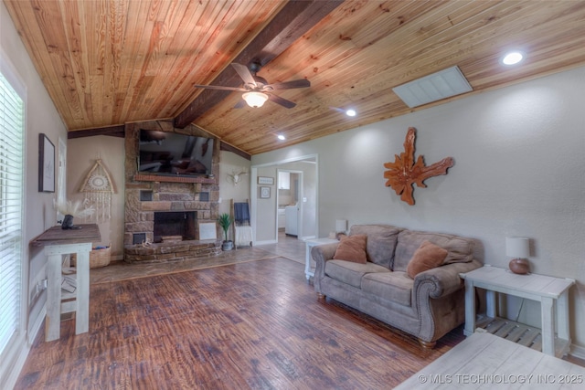 living room with a ceiling fan, baseboards, wood ceiling, wood finished floors, and a fireplace