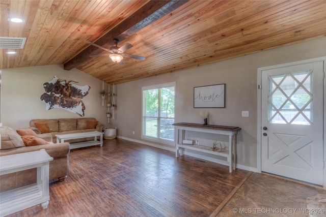 living room with wood finished floors, a ceiling fan, visible vents, baseboards, and wooden ceiling