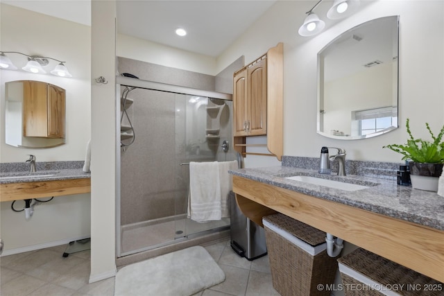 16550 S Elwood Ave, Glenpool, OK 74033 - bathroom featuring tile patterned floors, visible vents, a stall shower, and a sink