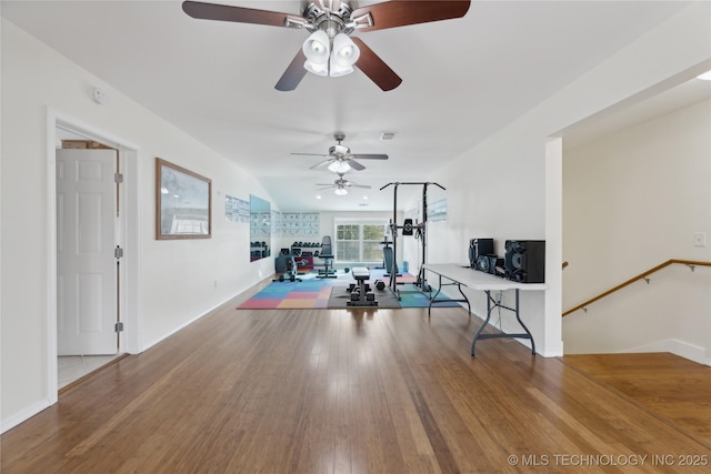 16550 S Elwood Ave, Glenpool, OK 74033 - exercise area featuring ceiling fan, baseboards, visible vents, and wood finished floors