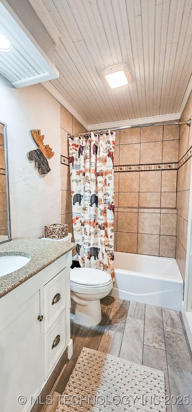 bathroom featuring shower / tub combo, toilet, wood ceiling, vanity, and wood finished floors