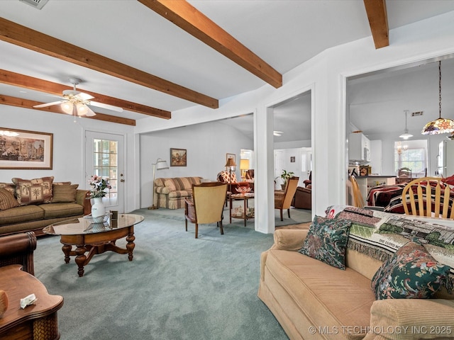 carpeted living area with beamed ceiling, visible vents, and ceiling fan
