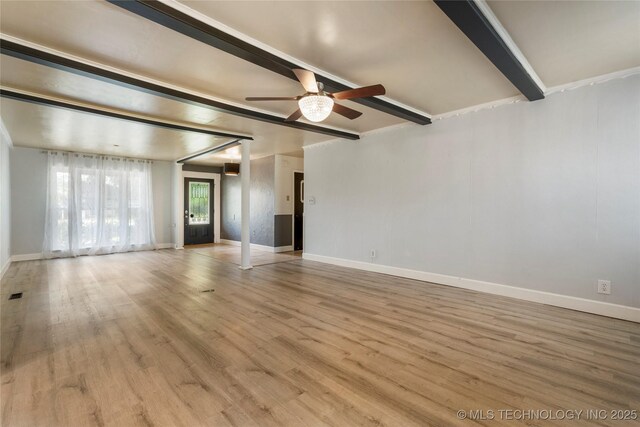 1022 W E St, Jenks, OK 74037 - unfurnished room with a ceiling fan, wood finished floors, beamed ceiling, and baseboards