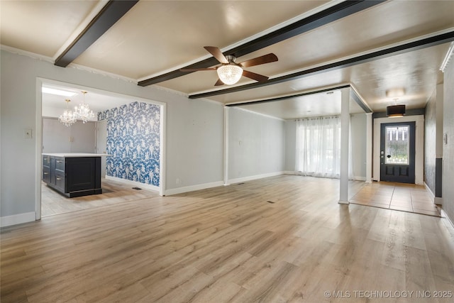 1022 W E St, Jenks, OK 74037 - unfurnished living room with a chandelier, light wood finished floors, a ceiling fan, baseboards, and beamed ceiling