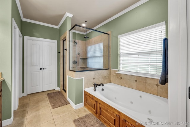 2501 Forest Ridge Parkway, Claremore, OK 74017 - full bath featuring tile patterned flooring, a shower stall, ornamental molding, a tub with jets, and vanity