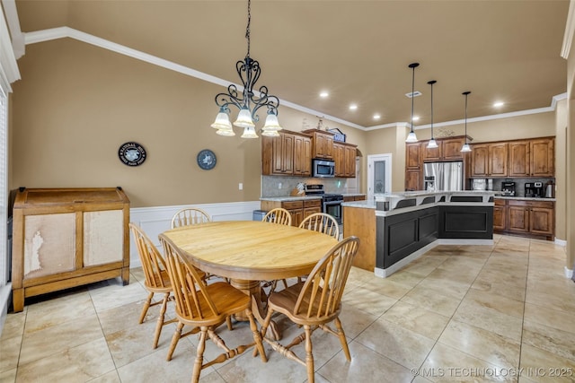 2501 Forest Ridge Parkway, Claremore, OK 74017 - dining room with crown molding, light tile patterned floors, a wainscoted wall, and recessed lighting