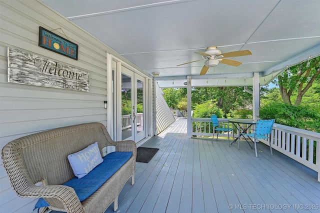7626 Whispering Way, Kingston, OK 73439 - wooden terrace featuring covered porch, french doors, and a ceiling fan