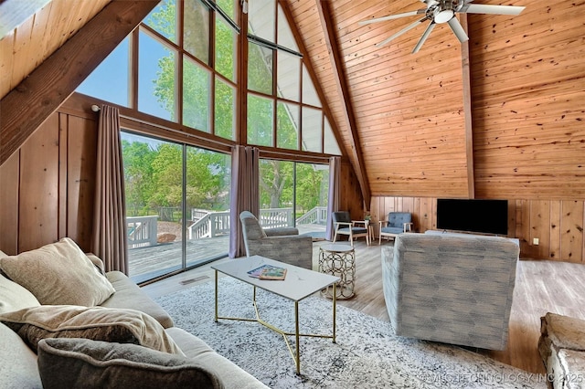 7626 Whispering Way, Kingston, OK 73439 - living room with a ceiling fan, wood ceiling, wooden walls, and visible vents