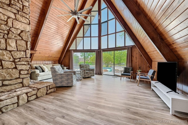7626 Whispering Way, Kingston, OK 73439 - living area with a ceiling fan, wooden ceiling, high vaulted ceiling, wood finished floors, and beam ceiling