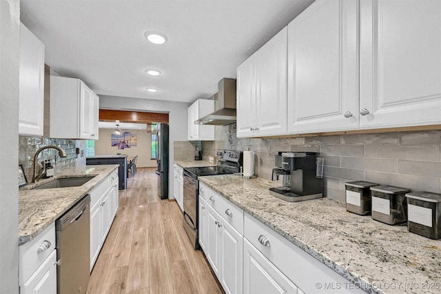 7626 Whispering Way, Kingston, OK 73439 - kitchen with dishwasher, a sink, black range with electric cooktop, wall chimney range hood, and white cabinets