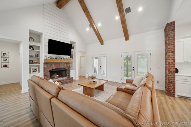 living room featuring baseboards, light wood-type flooring, a brick fireplace, high vaulted ceiling, and beam ceiling