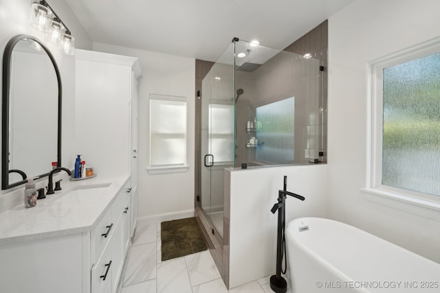 full bath with a stall shower, recessed lighting, tile patterned flooring, a soaking tub, and vanity