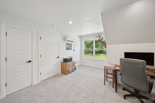 home office with carpet, baseboards, a wall unit AC, and recessed lighting