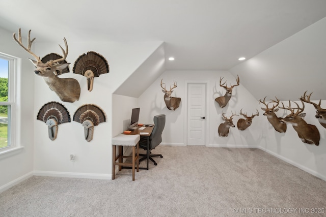 carpeted office with a wealth of natural light, vaulted ceiling, baseboards, and recessed lighting