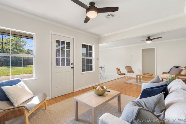487 S Allegheny Ave, Tulsa, OK 74112 - living room featuring ornamental molding, light wood-type flooring, visible vents, ceiling fan, and baseboards