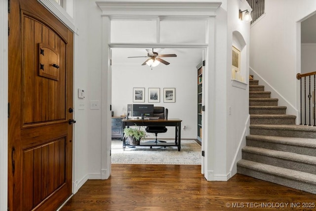6811 S Sycamore Pl, Broken Arrow, OK 74011 - entryway with ceiling fan, dark wood-type flooring, stairway, and baseboards