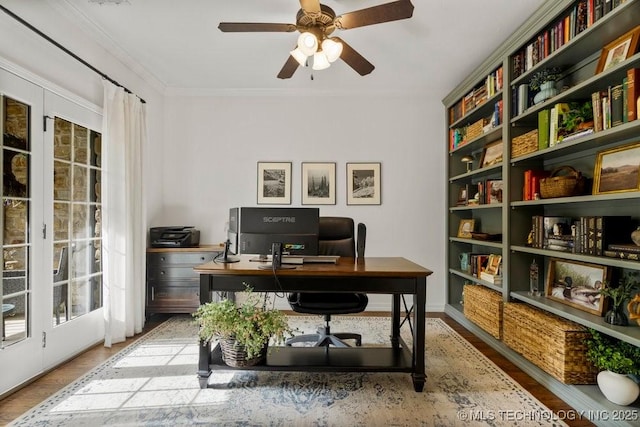 6811 S Sycamore Pl, Broken Arrow, OK 74011 - office with a ceiling fan, wood finished floors, and ornamental molding