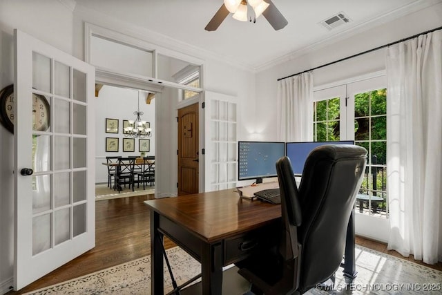 6811 S Sycamore Pl, Broken Arrow, OK 74011 - home office featuring ornamental molding, ceiling fan, french doors, wood finished floors, and a chandelier