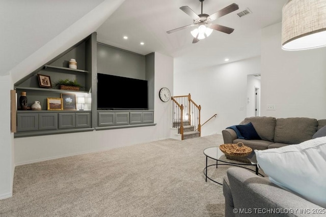 6811 S Sycamore Pl, Broken Arrow, OK 74011 - carpeted living area with stairway, ceiling fan, and recessed lighting