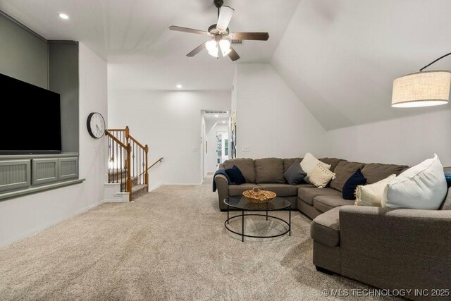 6811 S Sycamore Pl, Broken Arrow, OK 74011 - carpeted living area featuring a ceiling fan, vaulted ceiling, stairway, and recessed lighting