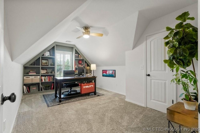 6811 S Sycamore Pl, Broken Arrow, OK 74011 - carpeted home office featuring vaulted ceiling, ceiling fan, and baseboards