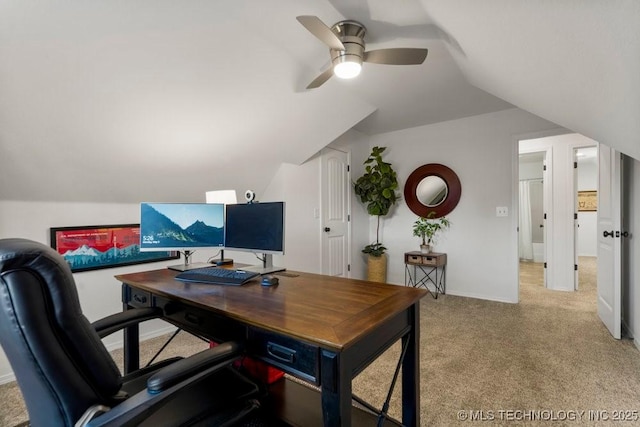 6811 S Sycamore Pl, Broken Arrow, OK 74011 - carpeted office with lofted ceiling, a ceiling fan, and baseboards