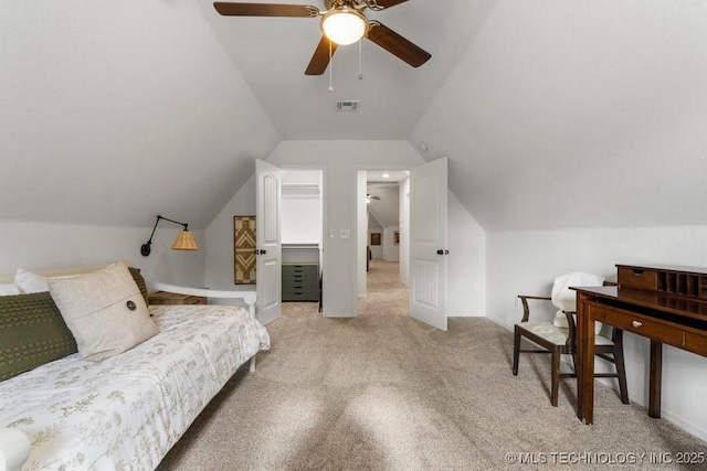 6811 S Sycamore Pl, Broken Arrow, OK 74011 - bedroom with light colored carpet, vaulted ceiling, and ceiling fan