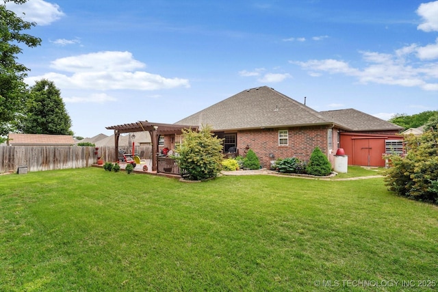 rear view of property with a pergola, a shingled roof, a garage, a patio, and brick siding