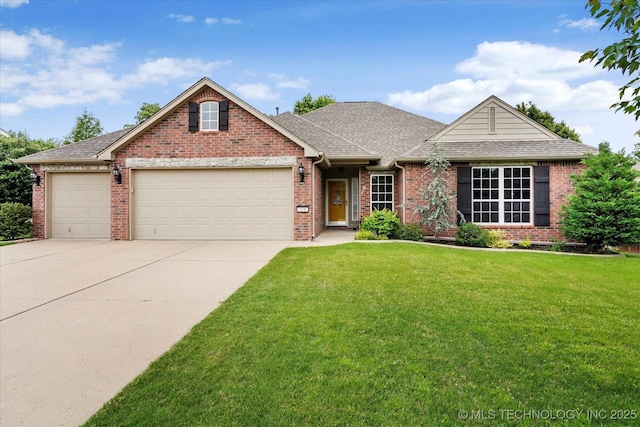 ranch-style house with brick siding, an attached garage, driveway, and a front yard