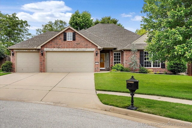 view of front of home featuring a garage, concrete driveway, brick siding, and a shingled roof