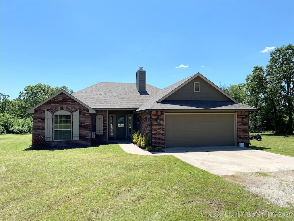 ranch-style house featuring an attached garage, brick siding, concrete driveway, a front lawn, and a chimney