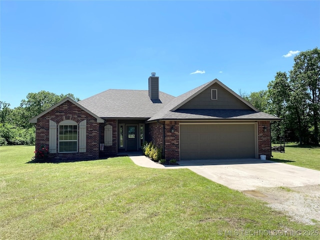 ranch-style house featuring an attached garage, brick siding, concrete driveway, a front lawn, and a chimney