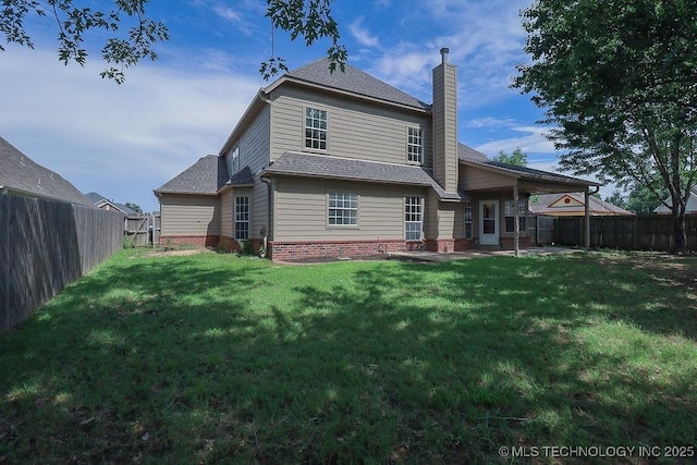 3934 S 199th E Ave, Broken Arrow, OK 74014 - back of property featuring a chimney, a fenced backyard, a shingled roof, and a patio area