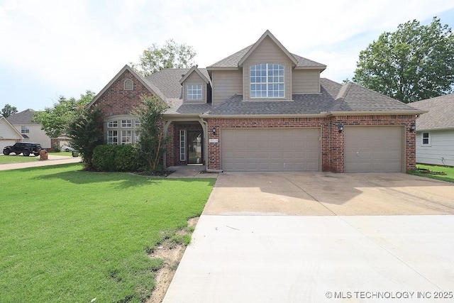 3934 S 199th E Ave, Broken Arrow, OK 74014 - view of front of house featuring brick siding, driveway, a front lawn, a shingled roof, and an attached garage