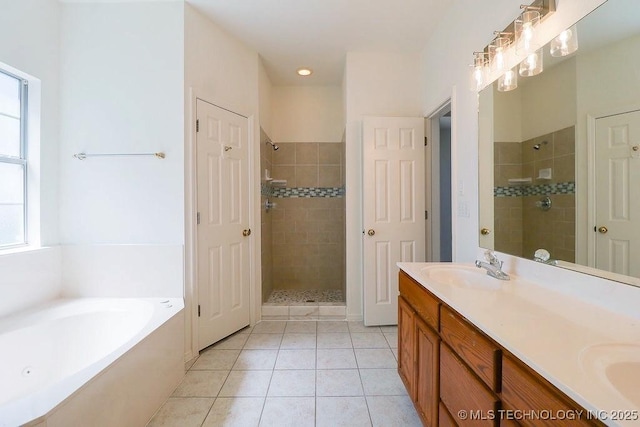 3934 S 199th E Ave, Broken Arrow, OK 74014 - full bath featuring a garden tub, a tile shower, double vanity, and tile patterned flooring