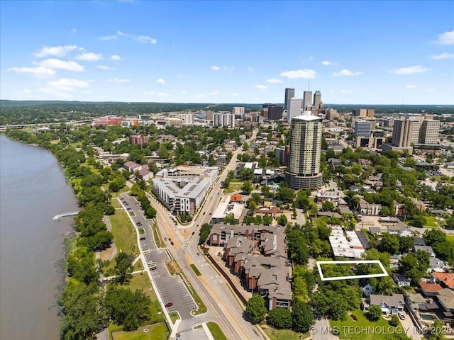 bird's eye view with a water view and a view of city