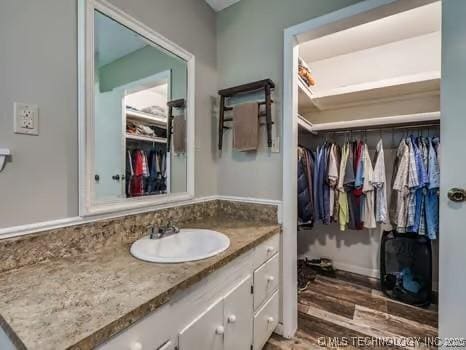 bathroom featuring vanity, a spacious closet, and wood finished floors
