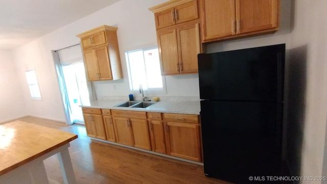 21316 County Road 502, Colcord, OK 74338 - kitchen featuring freestanding refrigerator, light countertops, light wood-type flooring, and a sink
