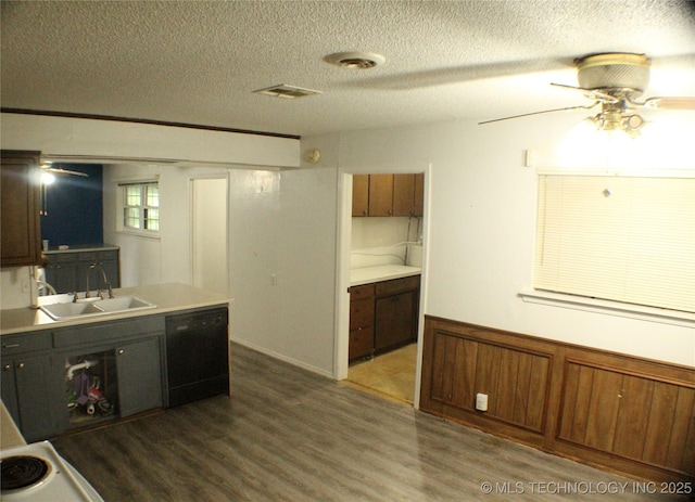 107 S 10th, Davis, OK 73030 - kitchen with dishwasher, ceiling fan, dark wood-style floors, a textured ceiling, and wainscoting