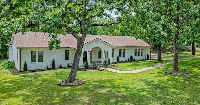 1402 E 125th St S, Jenks, OK 74037 - ranch-style home featuring a front lawn, brick siding, a shingled roof, and a porch