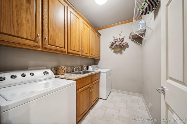 5263 Oak Leaf Dr, Tulsa, OK 74131 - washroom with cabinet space, washing machine and dryer, baseboards, and ornamental molding