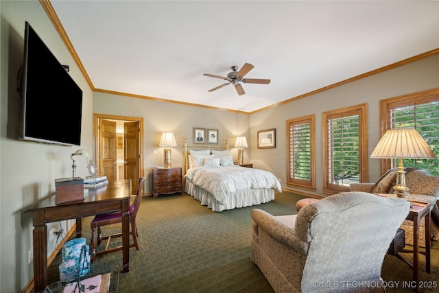 5263 Oak Leaf Dr, Tulsa, OK 74131 - carpeted bedroom featuring ornamental molding, a ceiling fan, and baseboards