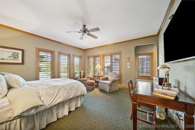 5263 Oak Leaf Dr, Tulsa, OK 74131 - bedroom with crown molding, carpet, and a ceiling fan