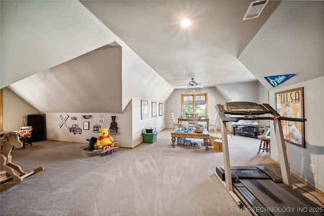5263 Oak Leaf Dr, Tulsa, OK 74131 - recreation room featuring ceiling fan, vaulted ceiling, carpet, and baseboards