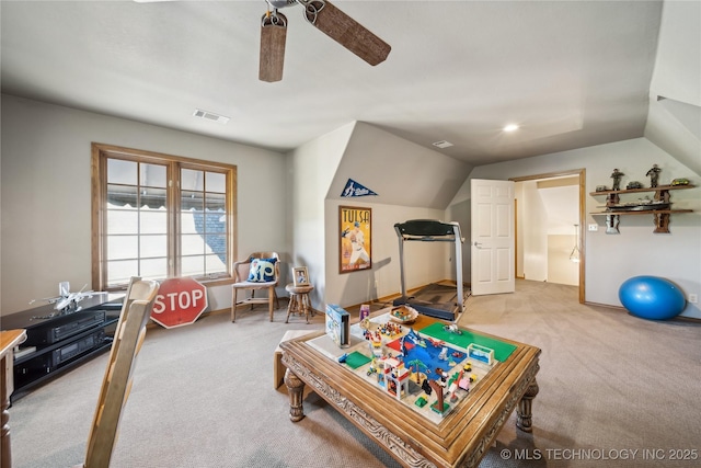 5263 Oak Leaf Dr, Tulsa, OK 74131 - playroom featuring light carpet, a ceiling fan, vaulted ceiling, and baseboards