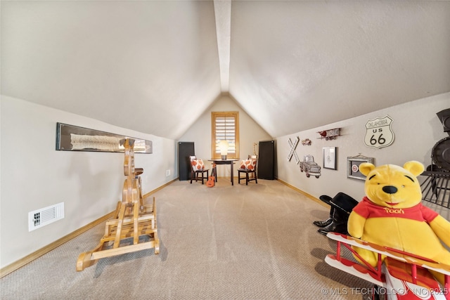 5263 Oak Leaf Dr, Tulsa, OK 74131 - game room with vaulted ceiling, carpet floors, and baseboards